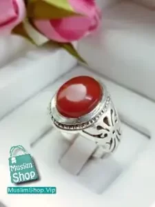 MuslimShop-Ring-Muslim-sterling-silver-gemstone-Akik-Agate-carnelian-Men-Red
